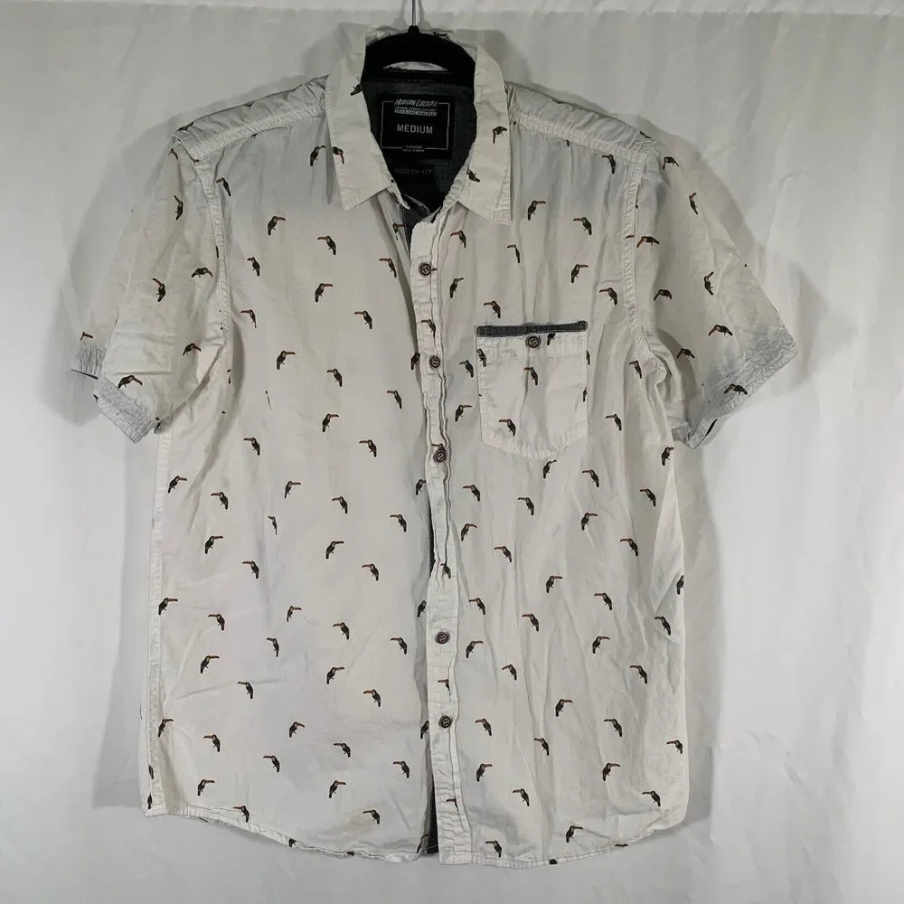Modern Culture Shirt Men's Medium White Toucan Print Button Up Short Sleeve